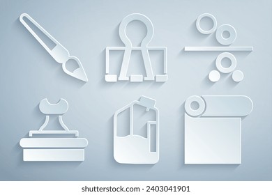 Set Printer ink bottle, Paper roll of printing press, Stamp, Roll paper, Binder clip and Paint brush icon. Vector