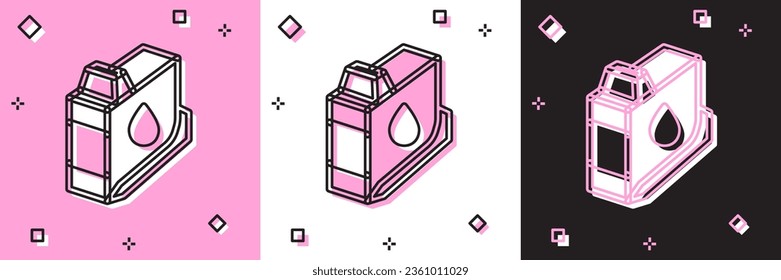 Set Printer ink cartridge icon isolated on pink and white, black background.  Vector