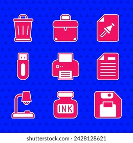 Set Printer, Inkwell, Floppy disk, File document, Table lamp, USB flash drive, Note paper with push button and Trash can icon. Vector