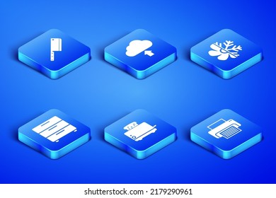 Set Printer, Meat chopper, Toaster with toasts, Furniture nightstand, Cloud upload and Air conditioner icon. Vector
