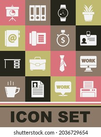 Set Printer, Monitor with text work, Identification badge, Wrist watch, Telephone, Address book, Chalkboard diagram and Time money icon. Vector