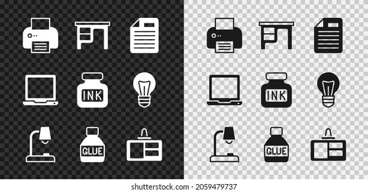 Set Printer, Office desk, File document, Table lamp, Glue, Identification badge, Laptop and Inkwell icon. Vector