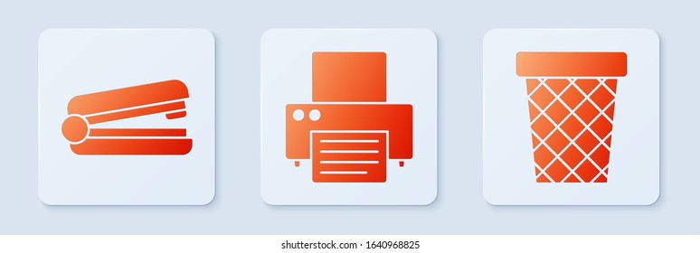 Set Printer, Office stapler and Trash can. White square button. Vector