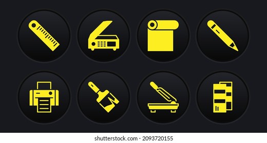 Establecer impresora, lápiz con borrador, pincel de pintura, cortador de papel, Rollo de papel, escáner, pantone y icono de regla. Vector