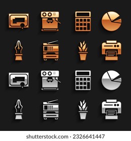 Set Printer, Pie chart infographic, Plant pot, Fountain pen nib, Calculator, Certificate template and Coffee machine icon. Vector