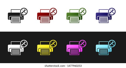 Set Printer with screwdriver and wrench icon isolated on black and white background. Adjusting, service, setting, maintenance, repair, fixing.  Vector Illustration