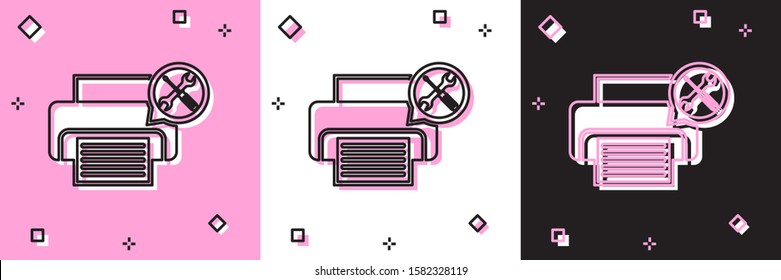 Set Printer with screwdriver and wrench icon isolated on pink and white, black background. Adjusting, service, setting, maintenance, repair, fixing.  Vector Illustration