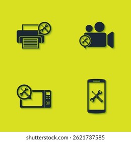 Definir serviço de impressora, Smartphone, forno de micro-ondas e ícone de câmera de vídeo. Vetor