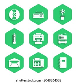 Set Printer, Telephone, Spiral notebook, Envelope, Stationery knife, Flower pot and CD or DVD disk icon. Vector