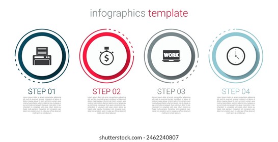 Set Printer, Time is money, Laptop with text work and Clock. Business infographic template. Vector