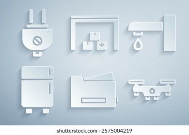 Set Printer, Water tap, Refrigerator, Drone flying, Warehouse and Electric plug icon. Vector