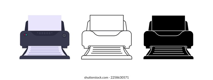 Establecer impresoras con un icono de hoja de papel en diferentes estilos de ilustración vectorial plana, de línea y de silueta