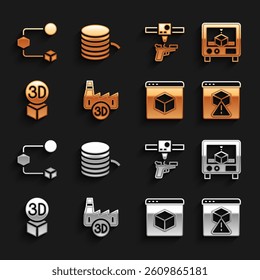 Set Printing house industry, 3D printer, Isometric cube, gun,  and Filament for icon. Vector