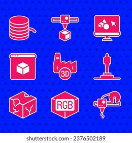 Set Printing house industry, RGB and CMYK color mixing, 3D printer, model, Isometric cube, software and Filament for icon. Vector