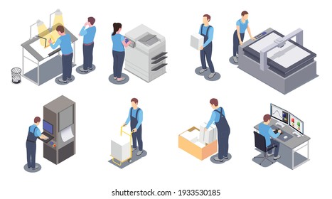 Set with printing house isometric icons with human characters of workers with printing equipment and paper vector illustration