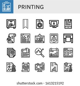 Set of printing icons. Such as Analytics, d printing, Bookmark, Printing test, Ink cartridge, Plotter, Poster , icons