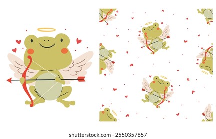 A set for printing on children's products. Cute vector print, cupid frog with wings holding a bow and arrows, hearts. Seamless vector pattern 