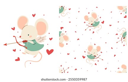 A set for printing on children's products. Cute vector print, Cute little mouse cupid with wings, hearts. Seamless vector pattern 