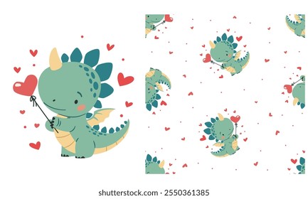 A set for printing on children's products. Cute vector print,  Cute dinosaur holding a heart-shaped balloon, hearts. Seamless vector pattern 