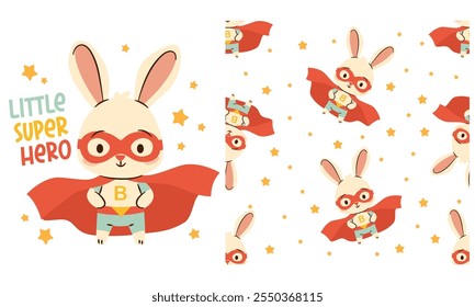 A set for printing on children's products. Cute vector print, Cute bunny in superhero costume, stars and Little Super Hero lettering. Seamless vector pattern 