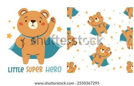 A set for printing on children's products. Cute vector print, Cute bear superhero and stars, lettering. Seamless vector pattern 