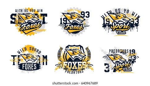 A set for printing on a T-shirt, an evil fox ready to attack. Predator, forest dwellers, mascot, sports Identity, lettering, text. Vector illustration, grunge effect