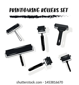 Set Of Printmaking Rollers, Linocut Or Woodcut Tools, Vector Illustration