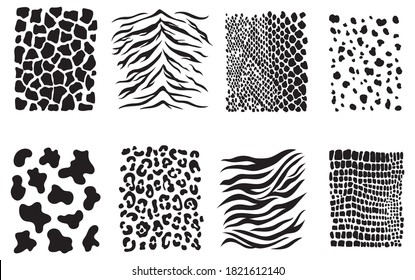 Set of prints of animals. Collection of various animal skins of tiger, leopard, crocodile, etc. Clothes prints. Vector illustration of seamless prints on a white background.