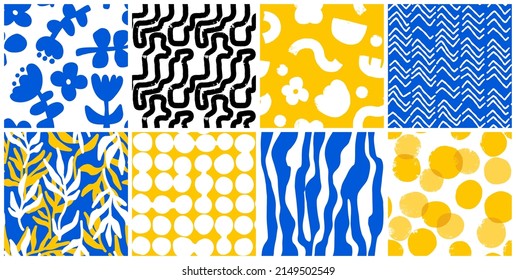 A set of prints based on seamless patterns of mesh, lines, flowers, leaves, spots and dots. The collection is hand-drawn in a naive style. Doodle patterns in yellow and blue.