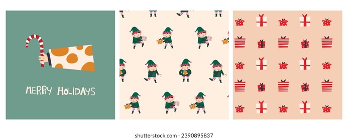 Set of prints with cartoon hand and wish "Merry Holidays", vector patterns with gnomes and gifts. New Year and Christmas attributes vector flat illustrations. Traditional winter holidays.