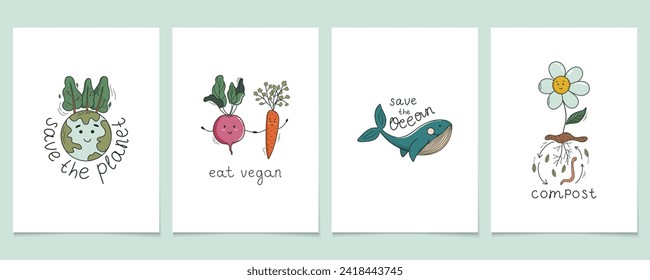 Set of prints of environmental problems, save the Planet, save the Ocean, eat veggie, compost. Go green. Concept of sustainable lifestyle. Doodle style vector illustrations.
