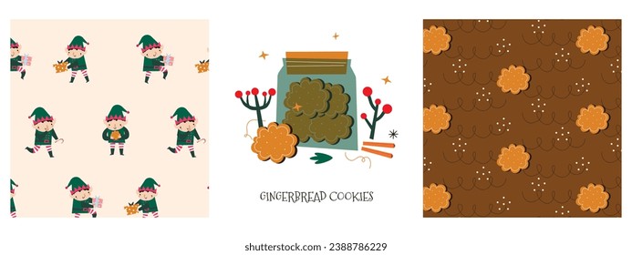 A set of prints featuring cute gingerbread cookies in a jar and patterns with gnomes, gifts and shortbread cookies. New Year and Christmas attributes vector flat illustrations. Traditional winter holi