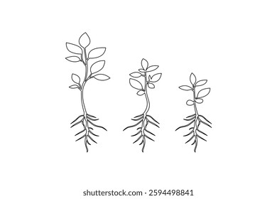 A set of prints featuring hand-drawn vectors continuous one-line drawing of leaves and trees