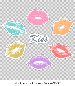 Set of prints of female lips on transparent background