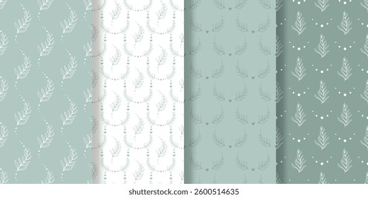 Set of prints with green foliage. Delicate spring summer seamless patterns collection. Backgrounds with leafy twigs. Vector graphics