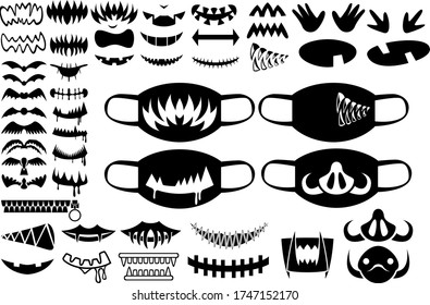 Set of prints for medical masks. A huge set of different teeth, fangs, scary smiles, pig noses and bats. Vector illustration.