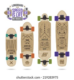Set of prints on long board in thin line style. Vintage, variety form