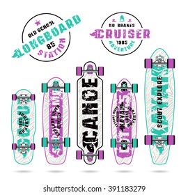 Set of prints on longboard in camping style. Graphically print, variety form boards and bright colors