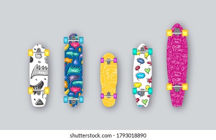 Set of prints on longboard in hand-drawn style. Speech bubble pattern
