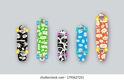 Set of prints on longboard in hand-drawn style. Speech bubble pattern