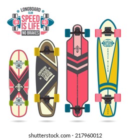 Set of prints on longboard in retro style. Geometric prints, variety form