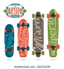 Set of prints on longboard in retro style. Lettering print, variety form