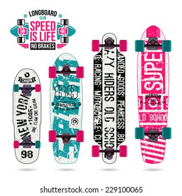 Set of prints on longboard in retro college style. Graphically print, variety form and bright colors