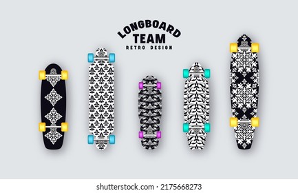 Conjunto de impresiones en longboards en estilo retro. Patrones florales estilizados