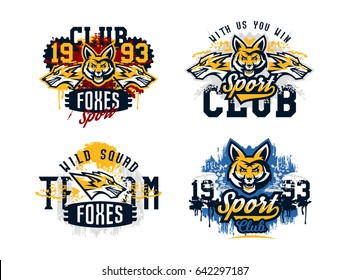 A set of prints on a T-shirt, isolated on a white background, an aggressive American fox, a forest predator. Sports identity, club logo, lettering, text. Vector illustration, grunge effect