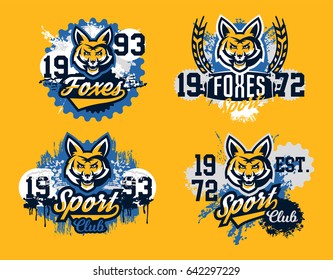 A set of prints on a T-shirt, isolated on a white background, an aggressive American fox, a forest predator. Sports identity, club logo, lettering, text. Vector illustration, grunge effect