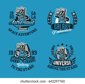 A set of prints on a T-shirt, isolated on a blue background, an astronaut giving honor and holding an American flag. Space, the galaxy, the lettering, the text. Vector illustration, grunge effect