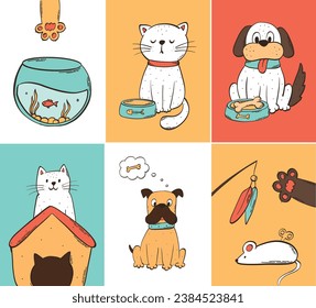 Set of prints, posters, cards with hand drawn pets, animals. Pet shop, veterinary wall art deocr, product prints, sublimation, etc. EPS 10