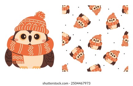 A set of prints for printing on children's products. Seamless vector pattern and print for printing. Cute owl in winter hat and scarf