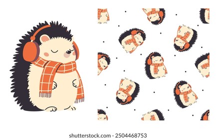 A set of prints for printing on children's products. Seamless vector pattern and print for printing. Cute hedgehog in winter hat and scarf and headphones